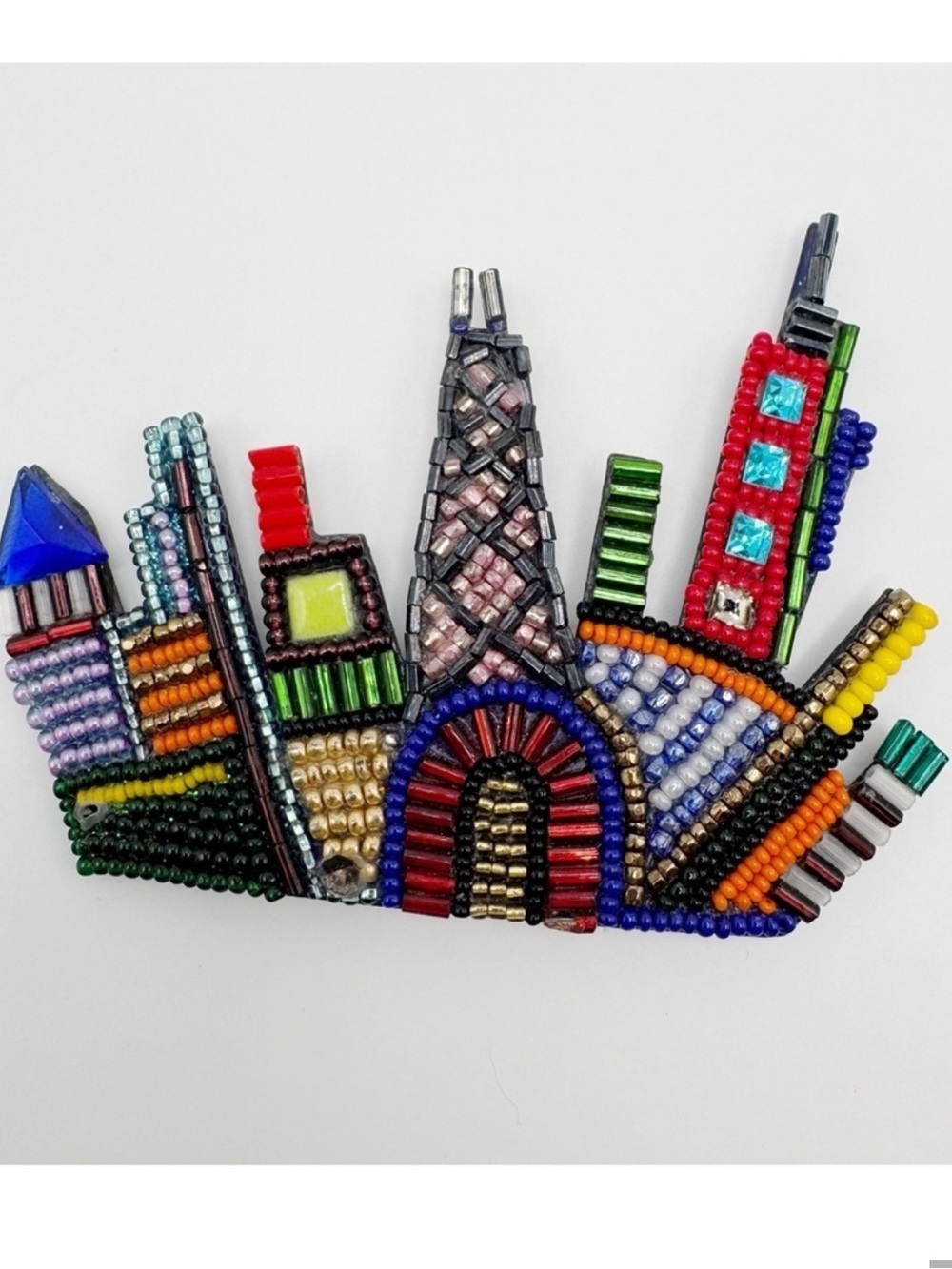 Vintage Bradley Levin Beaded City Skyline Brooch Pin Art To Wear